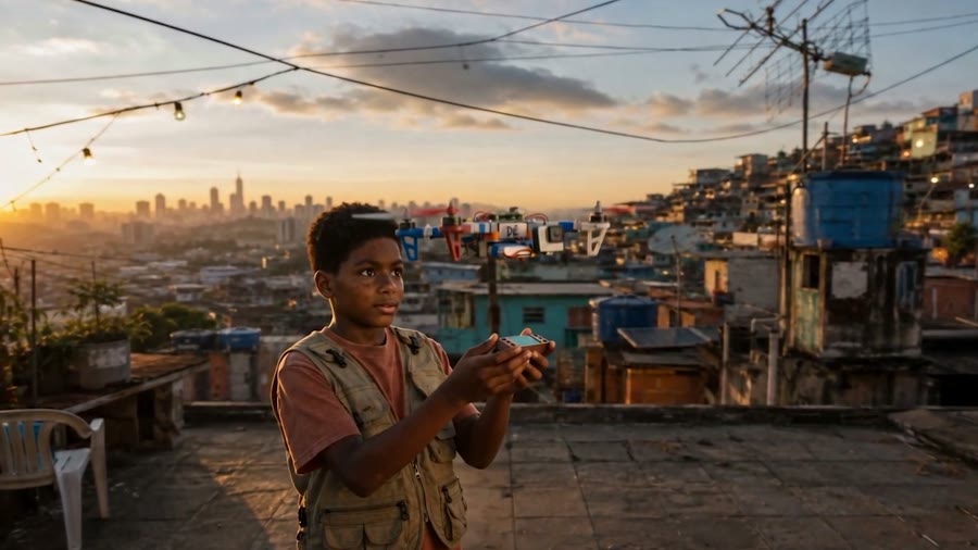 A boy on a favela rooftop at dusk with the city spread out behind him