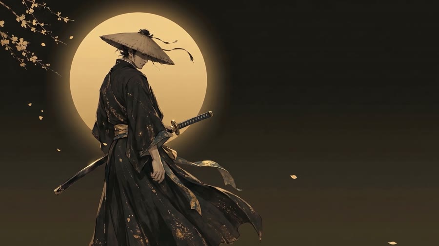 A ronin in a wide hat silhouetted against a full moon, blossoms drifting past