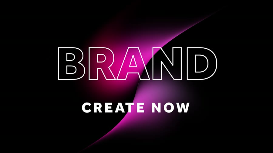 BRAND / CREATE NOW in white on black behind a magenta light sweep