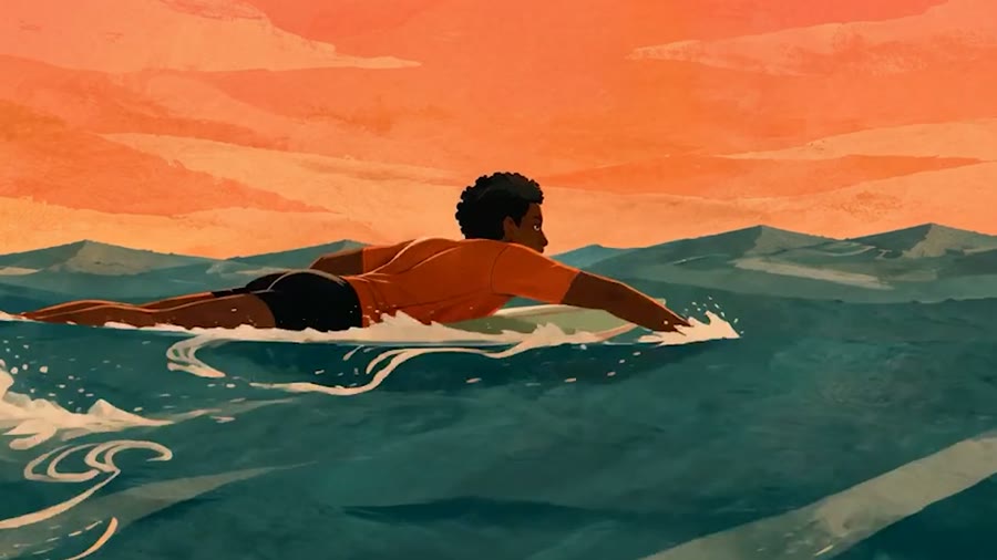 An illustrated swimmer pulling through turquoise water under an orange sky