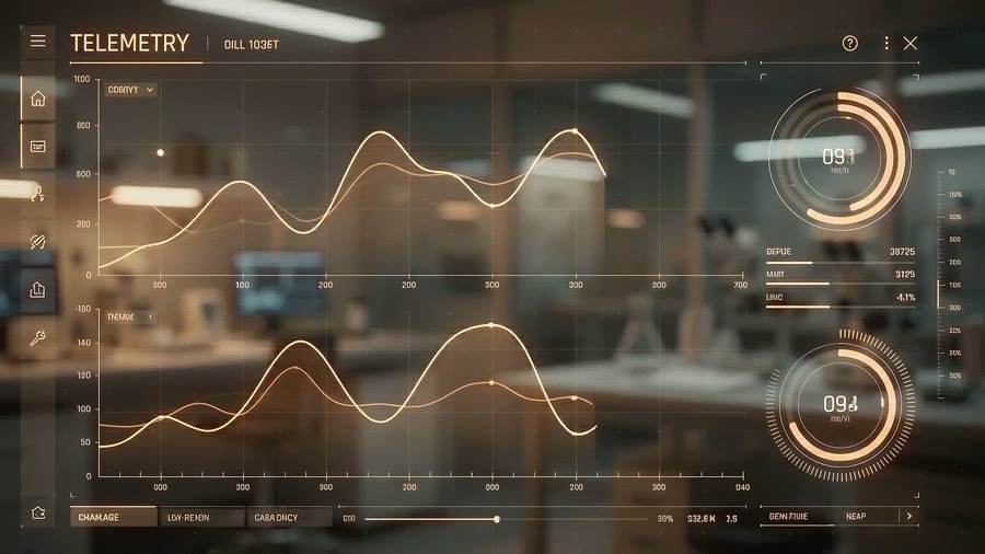 TELEMETRY panel with labelled axes, dials and readouts