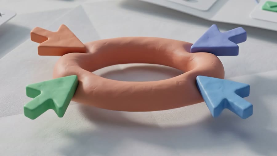 A clay-pink torus threaded through with oversized cursor arrows