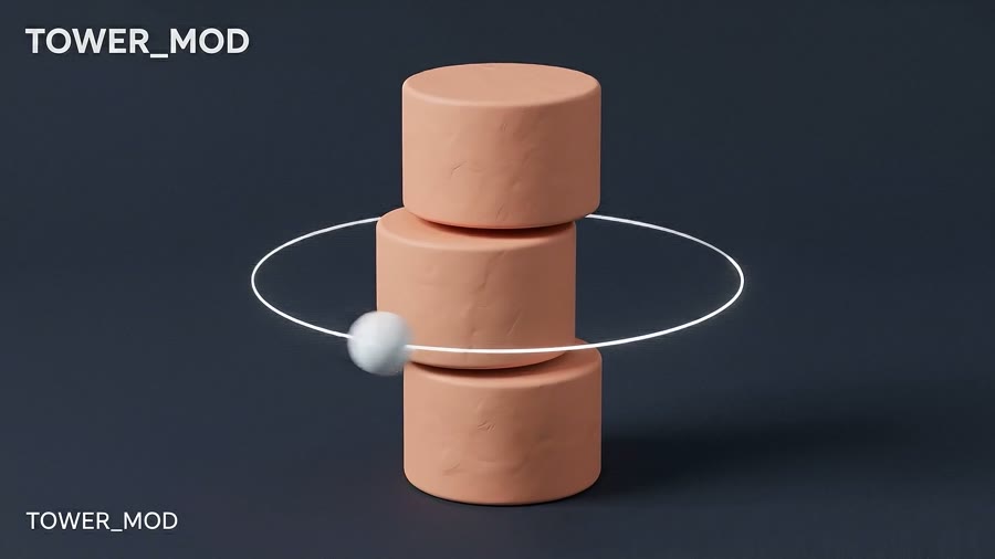 Three clay cylinders stacked inside a thin orbiting ring, slated TOWER_MOD