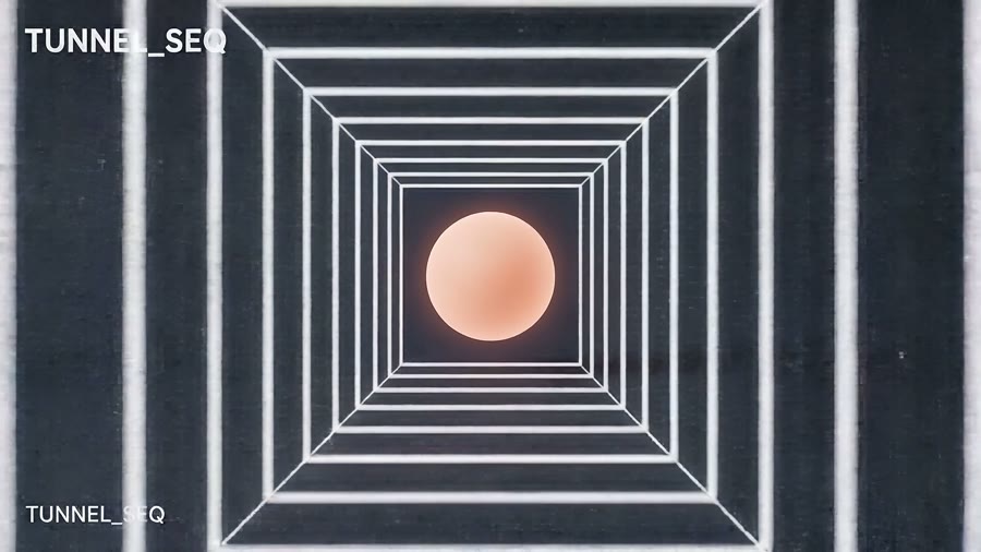 A receding wireframe tunnel with a clay sphere at its centre, slated TUNNEL_SEQ