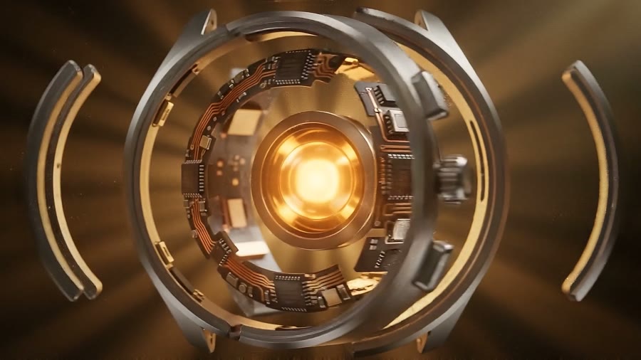 A watch face opening onto a glowing circuit core