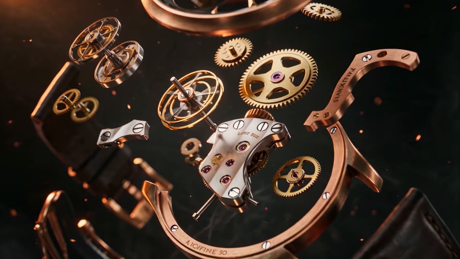 A watch movement exploded into gears and bridges against black
