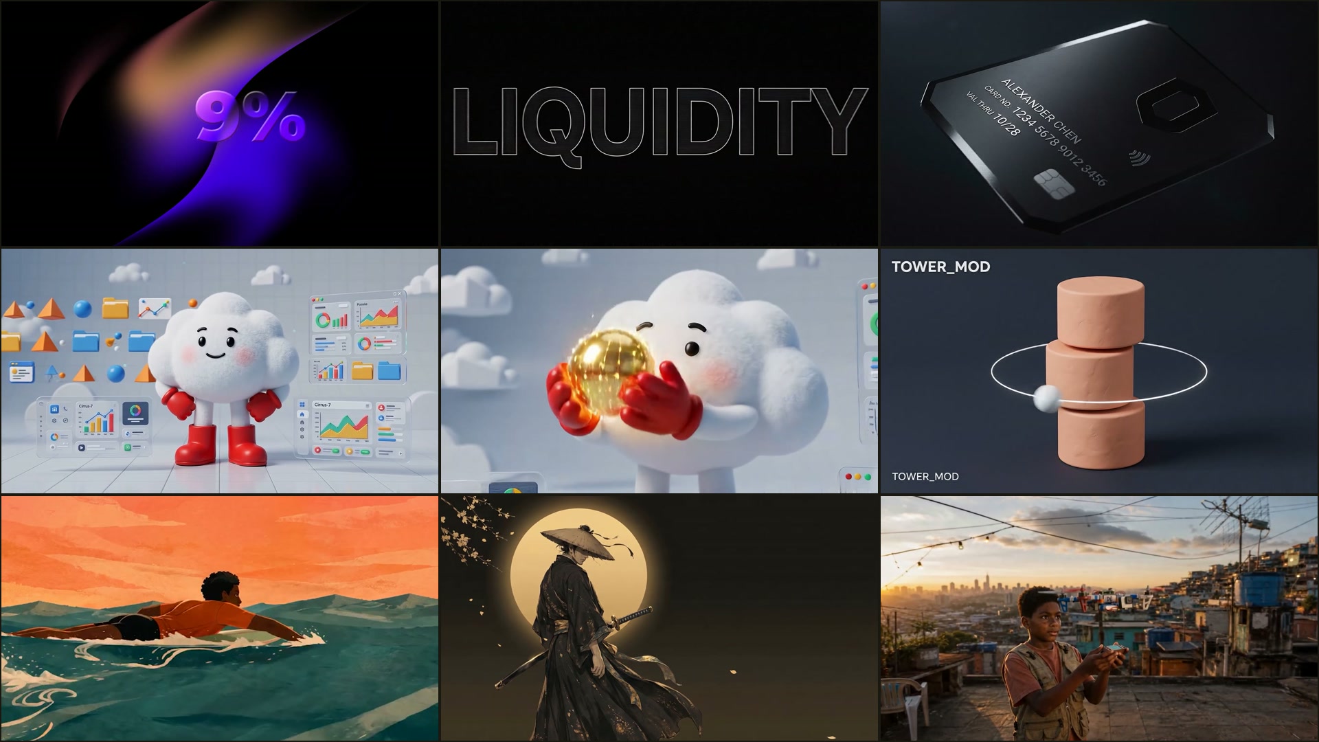 Episode 17 — nine frames from the showreel as a contact sheet: kinetic type, a cloud mascot, a swimmer, a ronin, a rooftop
